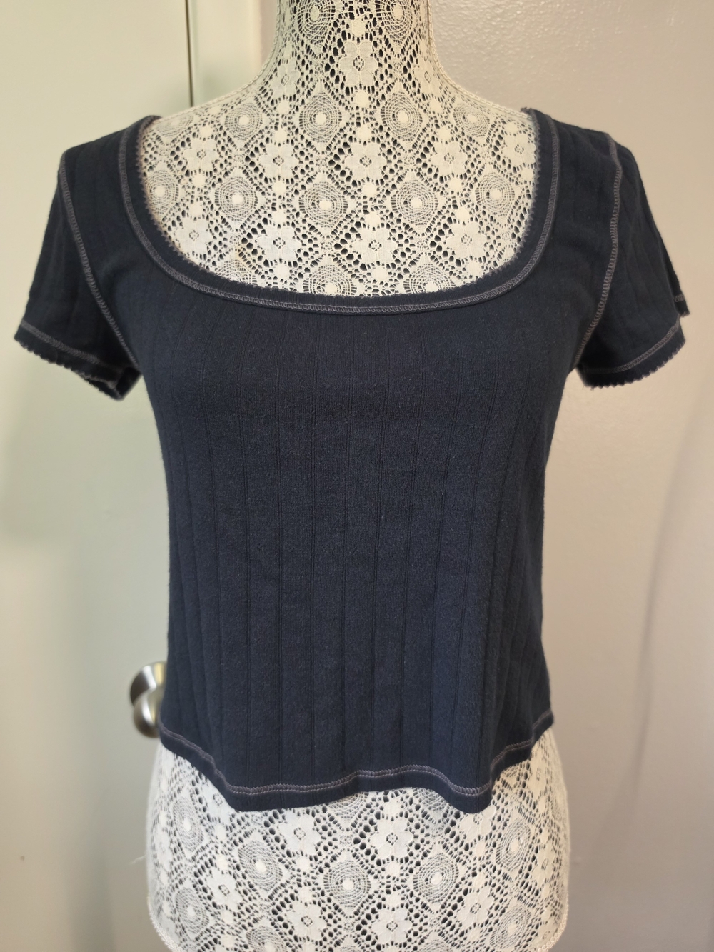 Intimately Free People Charcoal Ribbed End Game Pointelle Baby Tee Cropped Top